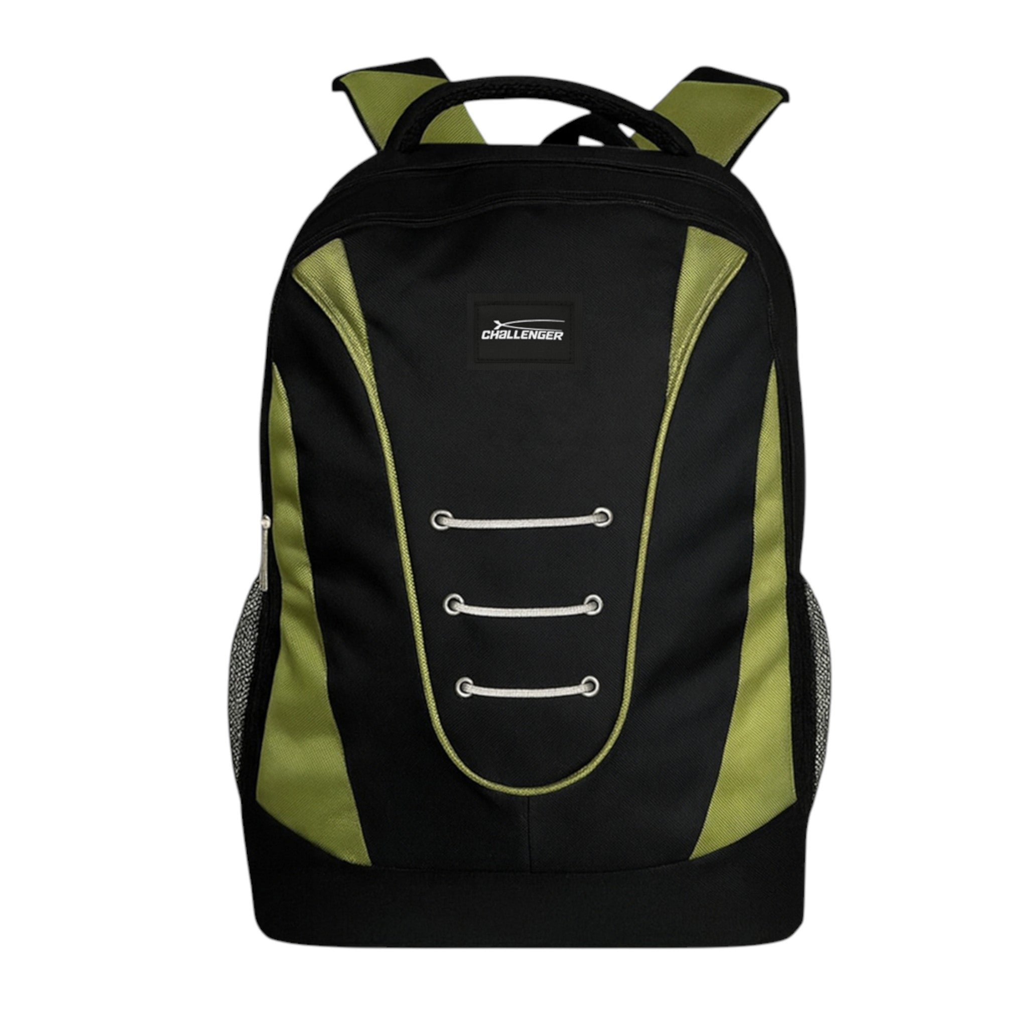 Black and green Everyday Challenger dual compartment backpack with padded shoulder straps, side mesh pockets, and durable water-resistant fabric – ideal for school, work, or travel.